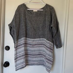 CP Shades Linen Lagenlook Oversized Tunic Top Stripes Gray Small
